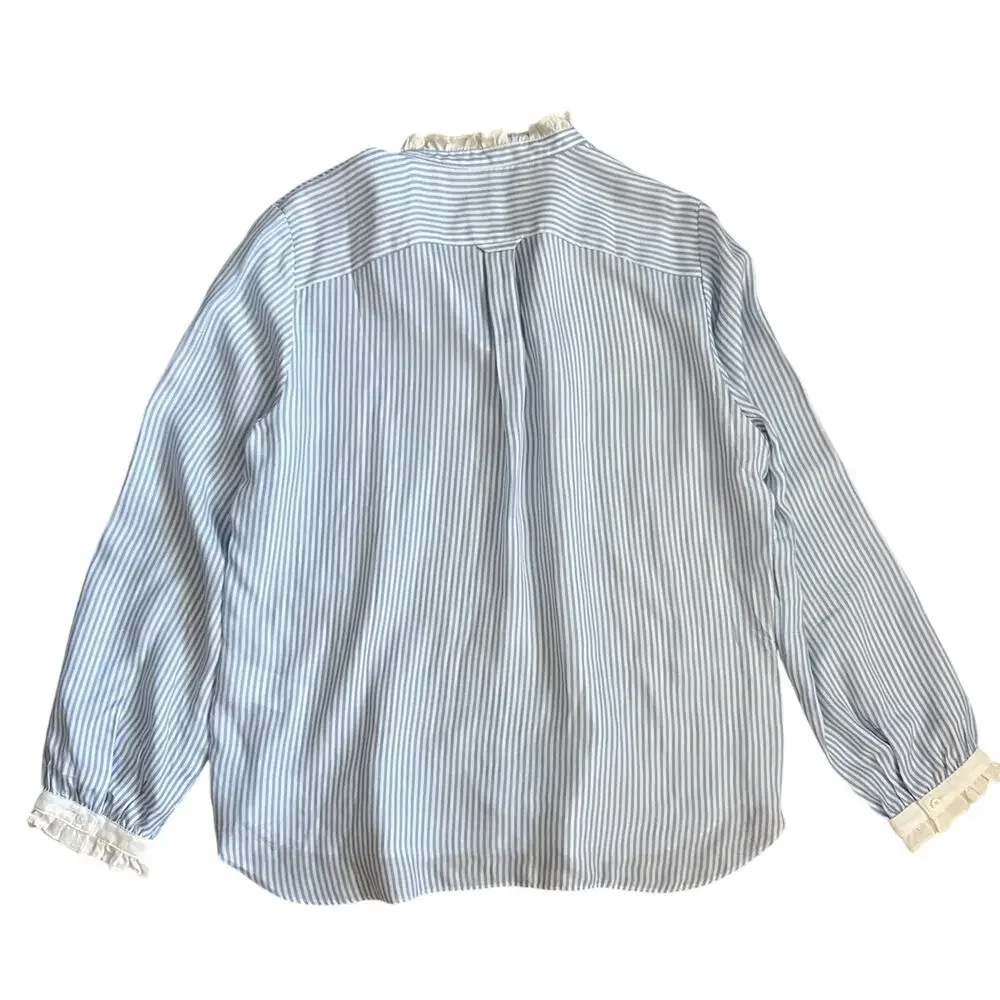 J.‎ Crew Drapey Ruffled Trim Cupro Blend Shirt Blue Stripe Size Large